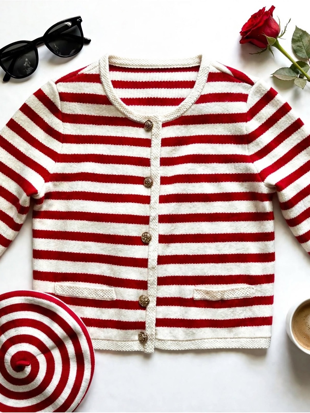 Striped Red & White Knit Button Cardigan - Picture 3 of 13